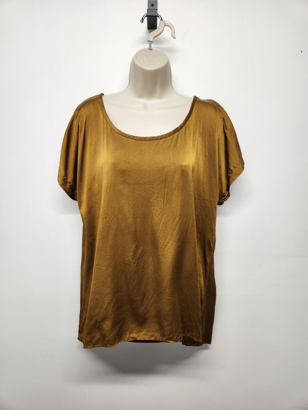 Eileen Fisher Hammered 95% Silk 5% Spandex Satin Rust Gold Hi-Low Top, Size Lg